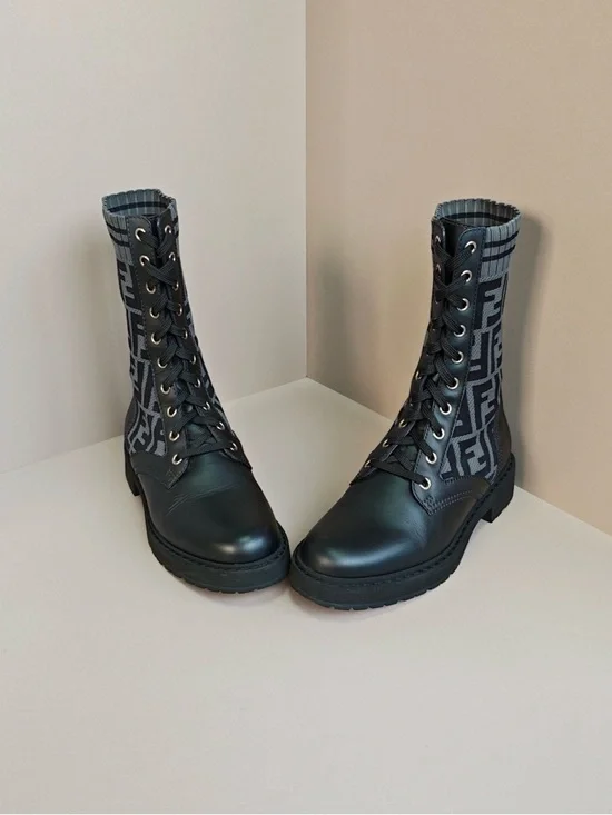 Authentic Fendi Black & Gray FF Logo Lace-Up Combat Boots - Picture 2 of 6